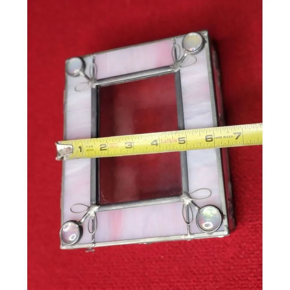 Stained Glass Trinket Box With Pink Opalescent Accents & Metal‎ Frame